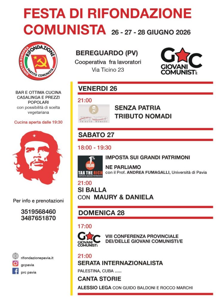 Locandina della festa di Rifondazione Comunista a Bereguardo, 26-28 giugno 2026